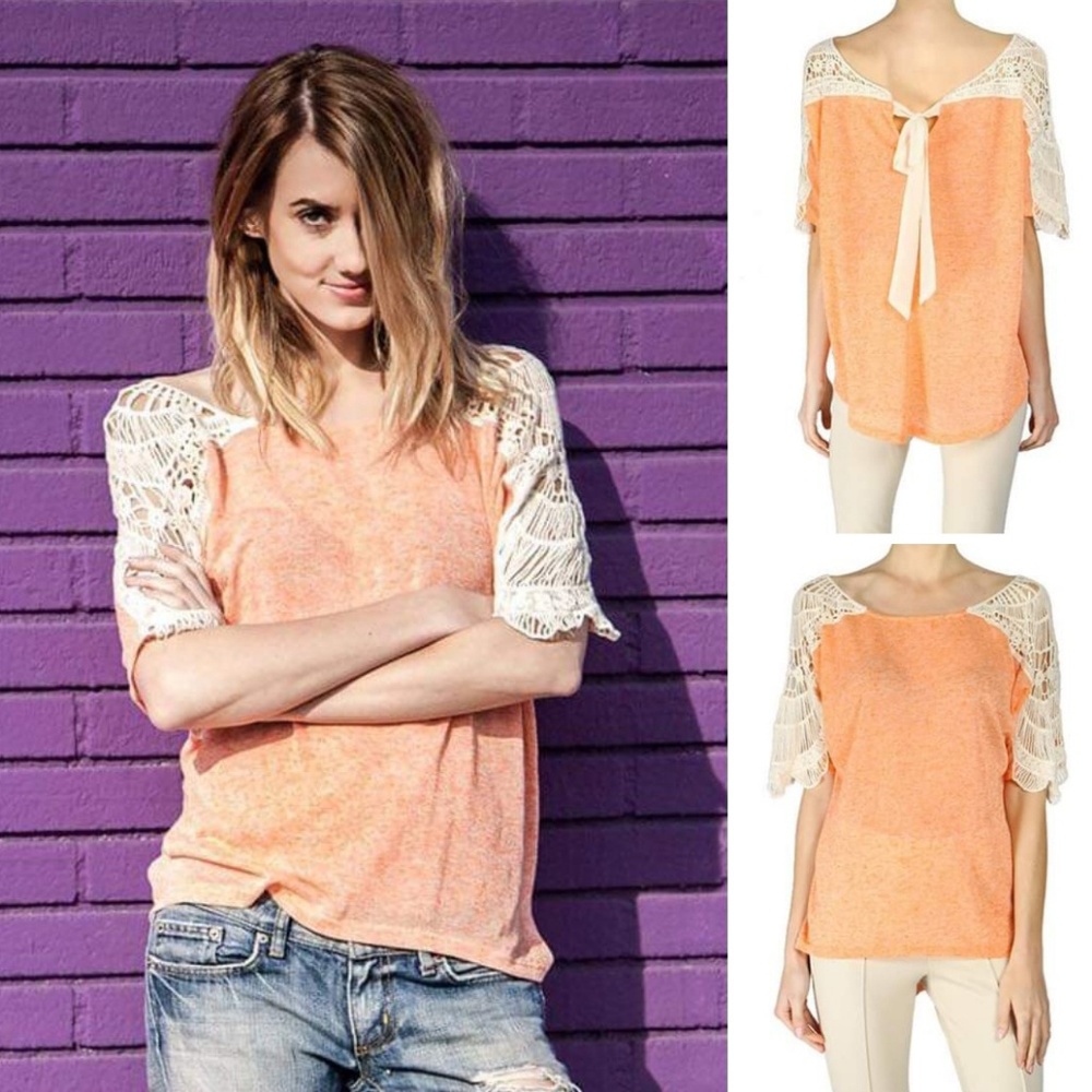 Coral blouse crochet sleeves tie back detail